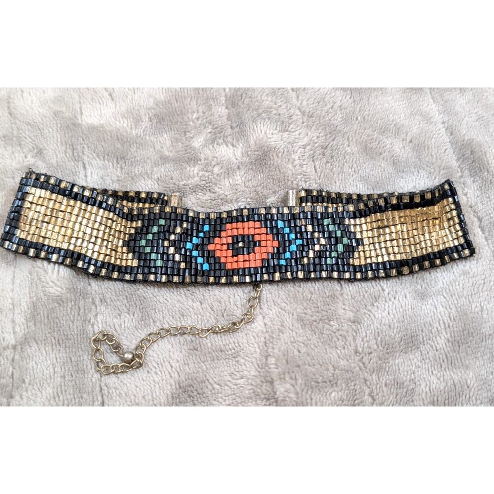 Boho Loomed Seed Bead Choker Necklace Geometric Southwestern Design Gold & Black